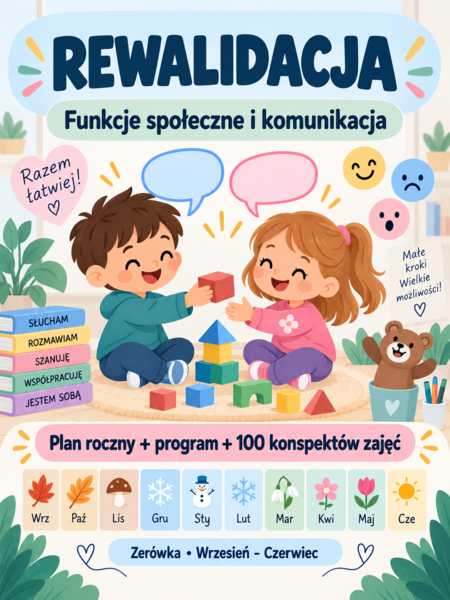 Rewalidacja indywidualna – funkcje społeczne i komunikacja – kompletny pakiet na cały rok szkolny – zerówka (plan, program, 100 konspektów zajęć)