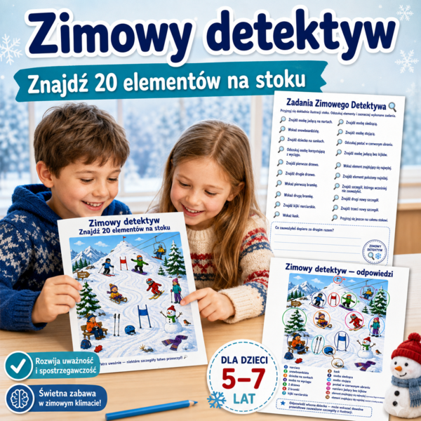 Zimowy detektyw — znajdź 20 elementów na stoku
