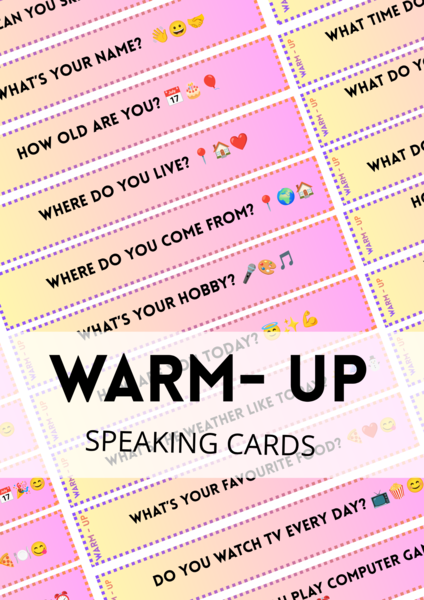 WARM-UP - speaking -  zestaw 120 Speaking Cards - paski - questions - pytania - mówienie  - angielski - ice-breaker - rozgrzewka - zajęcia grupowe - do wydrukowania - do zalaminowania - A2 - .pdf