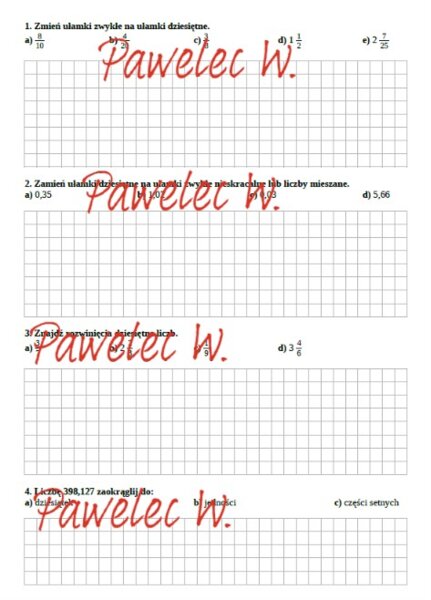 Ułamki zwykłe i dziesiętne - kartkówka, karta pracy, kl. 6, kl. 7, kl. 8