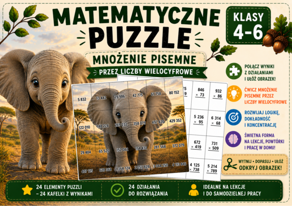 Matematyczne Puzzle – Mnożenie pisemne przez liczby wielocyfrowe | Klasy 4–6 🧩🐘