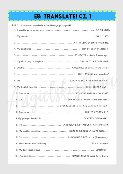 E8: TRANSLATE! - tłumaczenie luk - karta pracy - egzamin ósmoklasisty - wklejka - do wydrukowania - .pdf