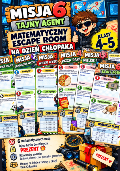 Matematyczny Escape Room – Dzień Chłopaka | 6 matematycznych misji | Klasy 4–5