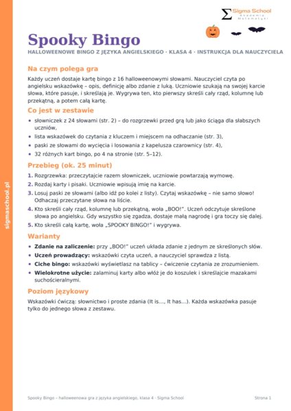 Halloween – Spooky Bingo – język angielski, klasa 4