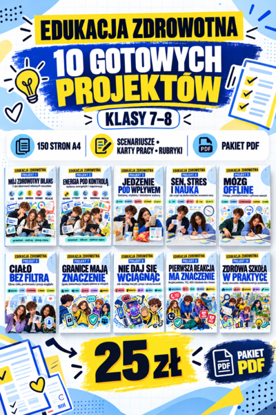 💙 EDUKACJA ZDROWOTNA DLA KLAS 7–8 💙  Gotowy pakiet 10 nowoczesnych projektów, które pomagają rozmawiać z młodzieżą o zdrowiu bez moralizowania, infantylnych ćwiczeń i prostych odpowiedzi na trudne pytania.