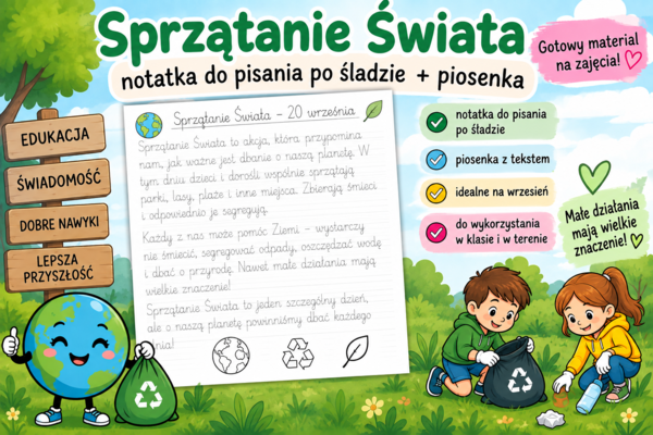 Sprzątanie świata - notatka do pisania po śladzie + piosenka