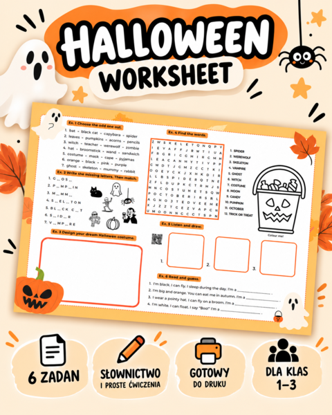 Halloween Worksheet -  Klasy 1–3 | 6 zadań + Listening QR | Język angielski