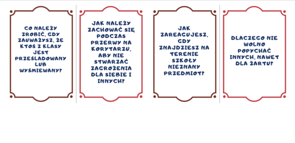 Karty z pytaniami na temat bezpieczeństwa/zajęcia z wychowawcą/godzina bezpieczeństwa