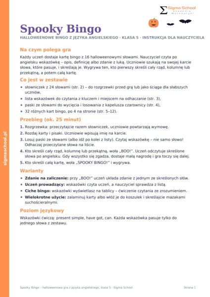 Halloween – Spooky Bingo – język angielski, klasa 5