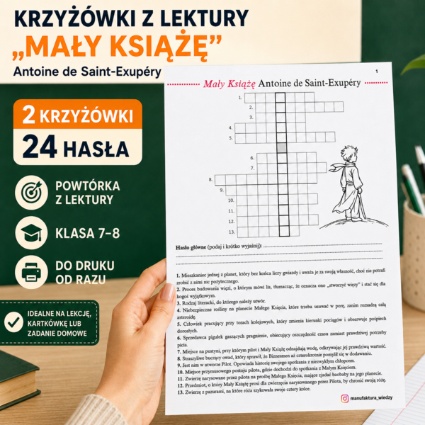 Krzyżówki „Mały Książę” – 2 karty pracy do lektury | Klasa 7–8 | kartkówka, sprawdzian, egzamin ósmoklasisty, lektura obowiązkowa