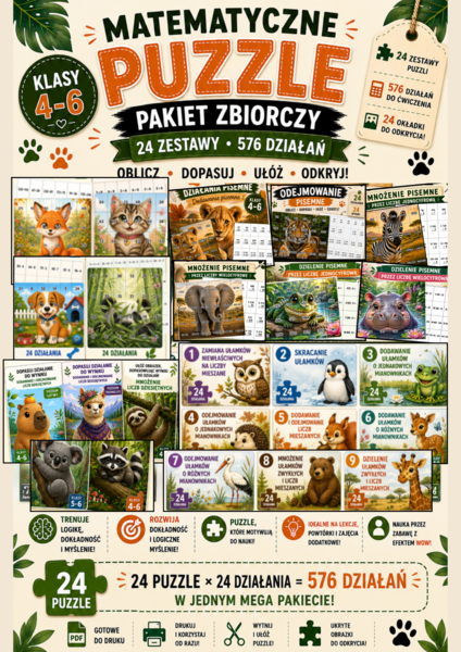Matematyczne Puzzle – Mega Pakiet 24 Zestawów, 576 Działań | Działania Pamięciowe, Pisemne i Ułamki | Klasy 4–6