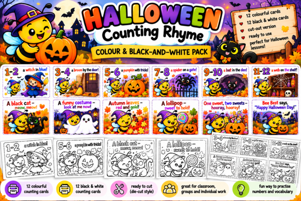 BEE BEST – HALLOWEEN ACTIVITY PACK - lapbook, printouts, handouts, rymowanka, wyliczanka, zakładka, pacynki paluszkowe,