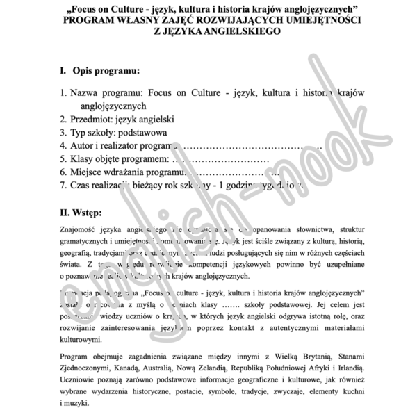 Plan innowacji pedagogicznej - koło kulturowe z języka angielskiego