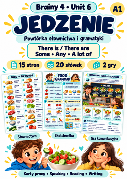 Brainy 4 Unit 6 – Jedzenie, there is / there are i some / any / a lot of | 15 stron + 2 gry