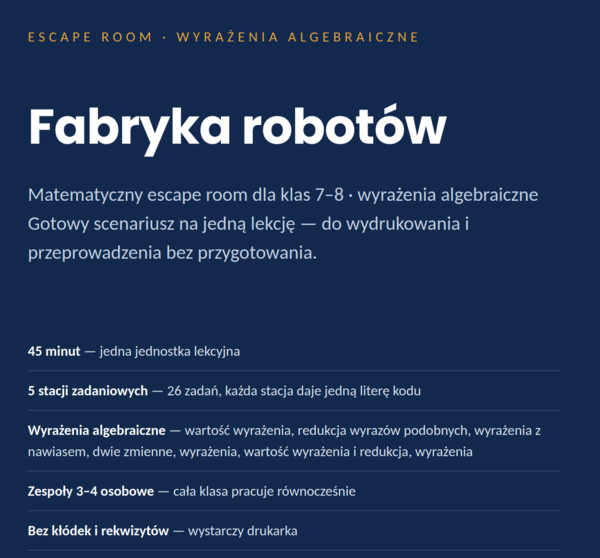Escape room matematyczny: Fabryka robotów — wyrażenia algebraiczne (klasy 7–8, PDF)