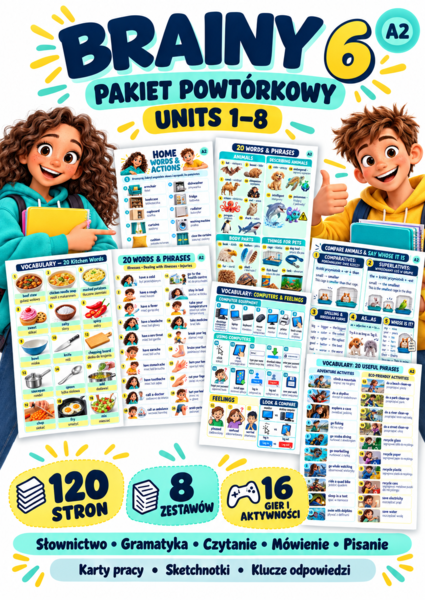Tytuł Brainy 6 – powtórki Units 1–8 | 120 stron, karty pracy, sketchnotki i gry