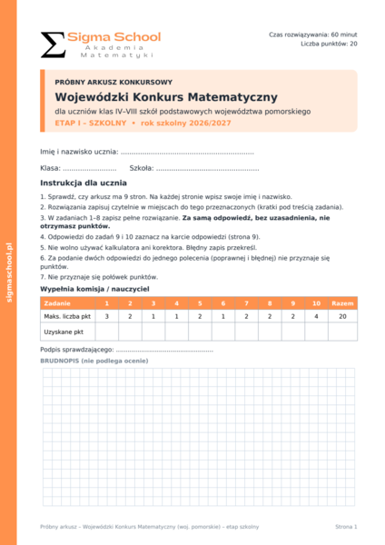 Próbny konkurs matematyczny – pomorskie, etap szkolny 2026/2027 + klucz