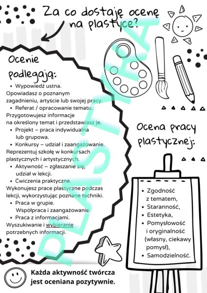 Informacja dla ucznia "Za co dostaję ocenę na plastyce"