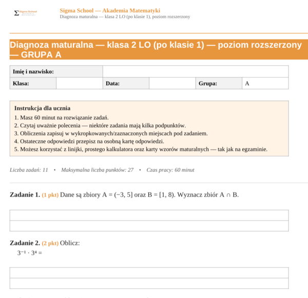 Diagnoza z matematyki – klasa 3 LO (poziom rozszerzony)