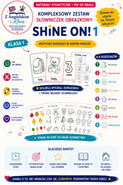 Shine On! 1 – Kompleksowy zestaw słowniczków obrazkowych | Wszystkie rozdziały | Karty obrazkowe i wyrazowe | PDF do druku