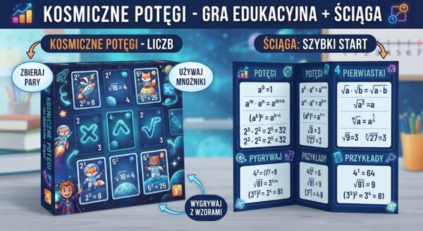 Gra matematyczna Potęgi i Pierwiastki + Poręczna ściągawka klasa 7-8