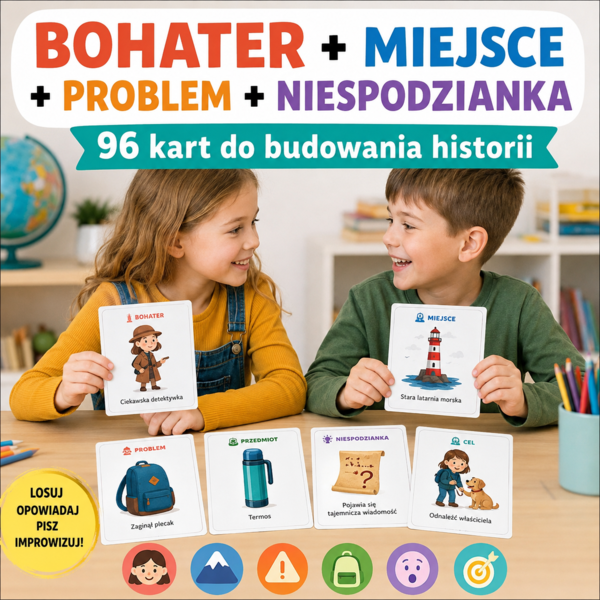 Bohater + miejsce + problem + niespodzianka — 96 kart do budowania historii
