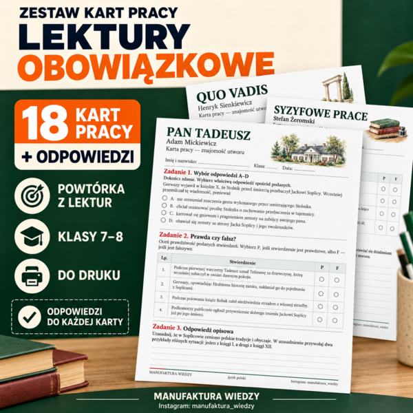 Lektury obowiązkowe – 18 kart pracy z odpowiedziami | Egzamin ósmoklasisty | Język polski, klasy 7–8