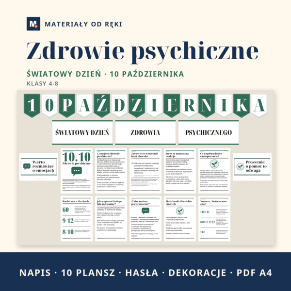 Gazetka na Światowy Dzień Zdrowia Psychicznego 10 października: napis, 10 plansz o emocjach, stresie i szukaniu wsparcia, klasy 4-8