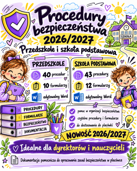Procedury bezpieczeństwa 2026/2027 – PRZEDSZKOLE + SZKOŁA PODSTAWOWA | 83 procedury 22 formularze