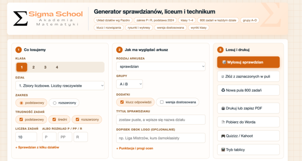 Generator sprawdzianów matematyka liceum | zakres podstawowy i rozszerzony, Pazdro