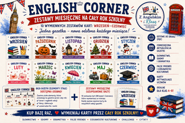 English Corner – zestaw kart wymiennych do gazetki szkolnej (wrzesień–czerwiec) | klasy 4–8 | PDF