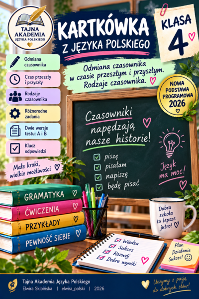 Kartkówka – Odmiana czasownika. Czas przeszły i przyszły. Rodzaje czasownika | Klasa 4