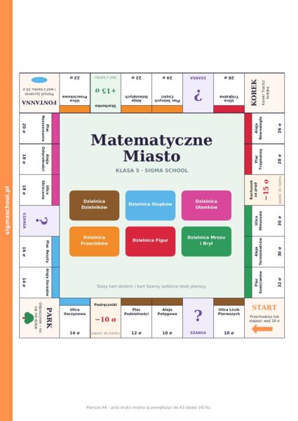 Matematyczne Miasto — klasa 5 | Gra planszowa do druku, 72 karty