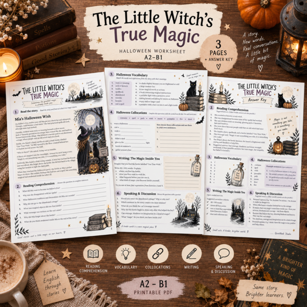 The Little Witch’s True Magic – Halloween po angielsku | Czytanka i karta pracy A2–B1