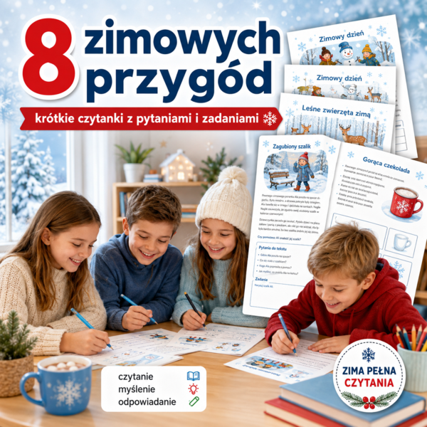 8 zimowych przygód — krótkie czytanki z pytaniami i zadaniami
