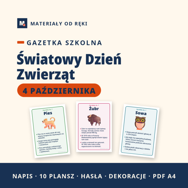 Gazetka na Światowy Dzień Zwierząt 4 października: napis, 10 plansz z ciekawostkami i dekoracje, klasy 1-3