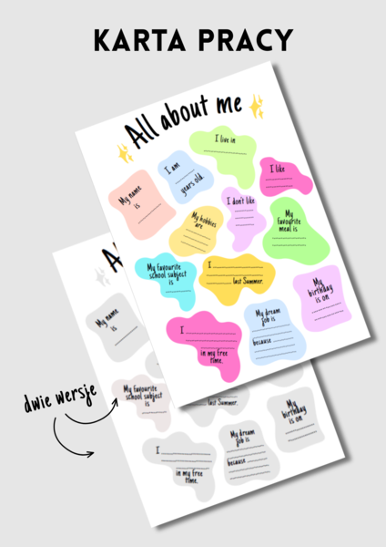 All about me - kreatywna karta pracy - chmurki - wklejka - ice-breaker - pomysł na rozpoczęcie roku - lekcja po wakacjach - angielski -  - 2 wersje - .pdf