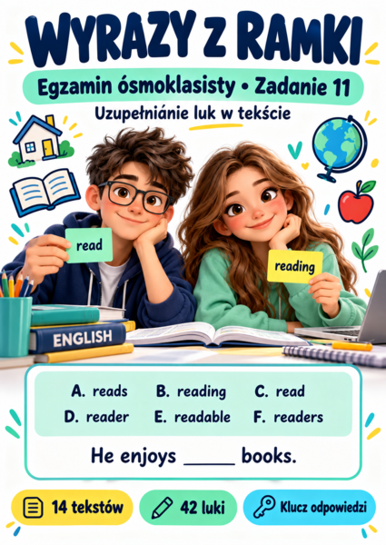 Wyrazy z ramki – E8 | 14 tekstów z lukami + klucz odpowiedzi