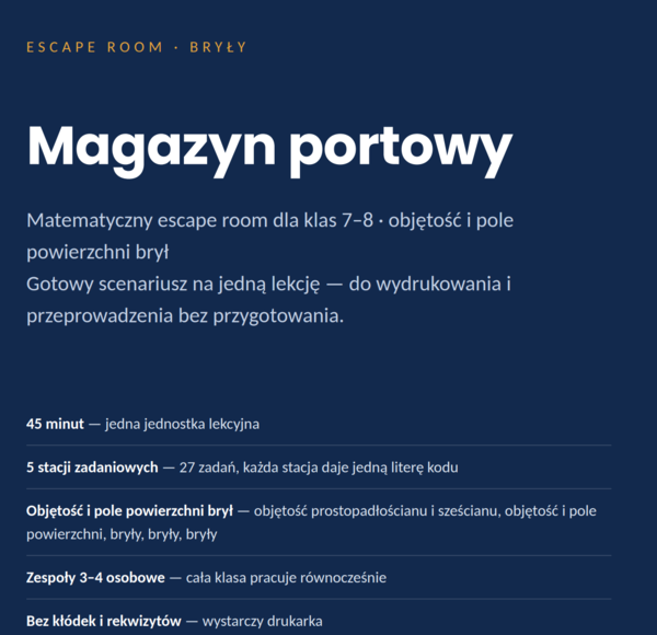 Escape room matematyczny: Magazyn portowy — bryły (klasy 7–8, PDF)