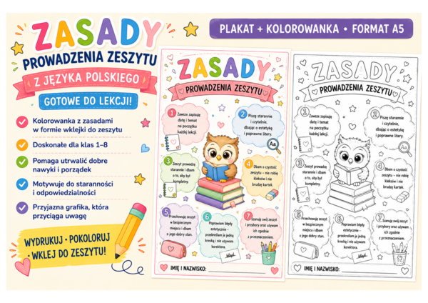 Zasady prowadzenia zeszytu – plakat + kolorowanka A5