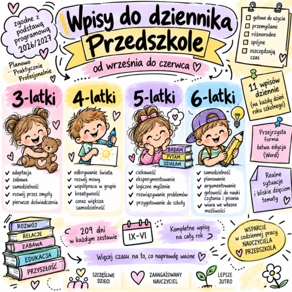 Wpisy do dziennika przedszkola 2026/2027 grupa mieszana 5-6 lat od września do czerwca Reforma26
