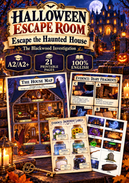 Halloween Escape Room – Ucieczka z nawiedzonego domu | klasy 7–8 | A2/A2+ | 21 stron po angielsku