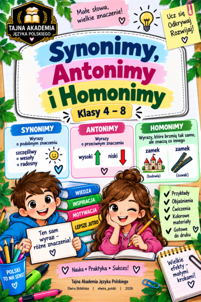 Synonimy, antonimy i homonimy – wklejka do zeszytu | Klasy 4–8 | Tajna Akademia Języka Polskiego | PNG