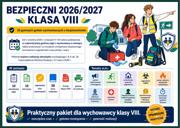 🛡️ BEZPIECZNI 2026/2027 – KLASA VIII - 10 gotowych godzin wychowawczych o bezpieczeństwie
