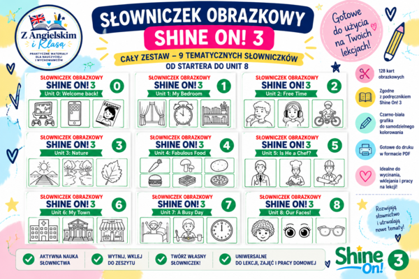 Słowniczek obrazkowy SHINE ON! 3 | Komplet Unit 0–8 | 9 słowniczków | PDF