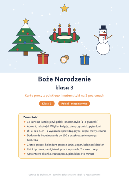 Boże Narodzenie klasa 3: karty pracy z polskiego i matematyki