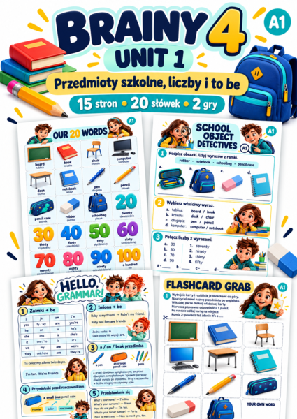 Brainy 4 Unit 1 — przedmioty szkolne, liczby i „to be” | 15 stron + 2 gry