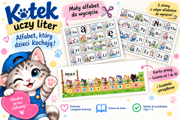 Kotek uczy liter – alfabet, nauka liter i liczenia | 36 stron materiałów dla dzieci