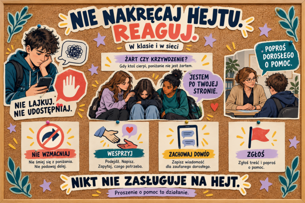 💬 Nie nakręcaj hejtu. Reaguj. — gazetka dla klas 4–8