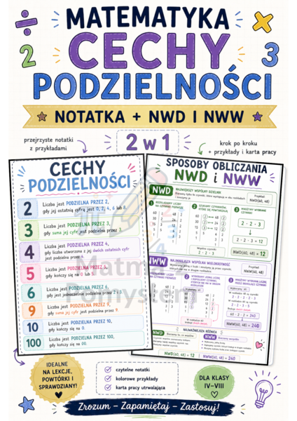 Cechy podzielności, NWD i NWW – kolorowe notatki matematyczne